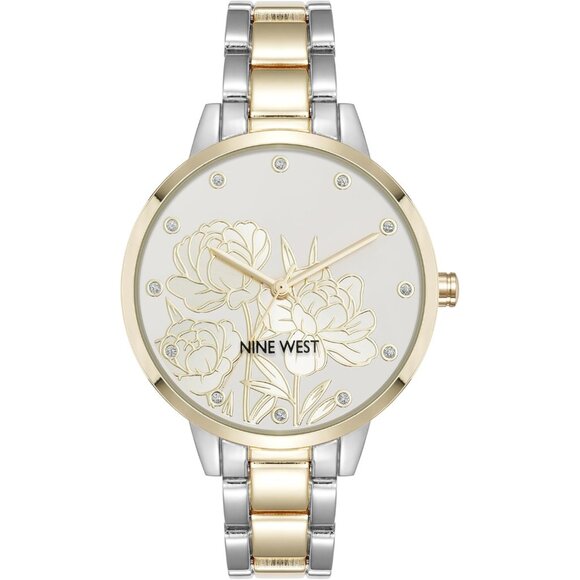 Nine West Women's Two-tone Floral Crystal Accented Bracelet Watch - Picture 1 of 4